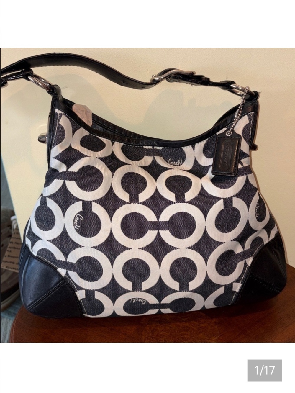 Coach  14512 Op Art shoulder Bag Hobo bag  black denim / Leather Peyton Y2K  EUC